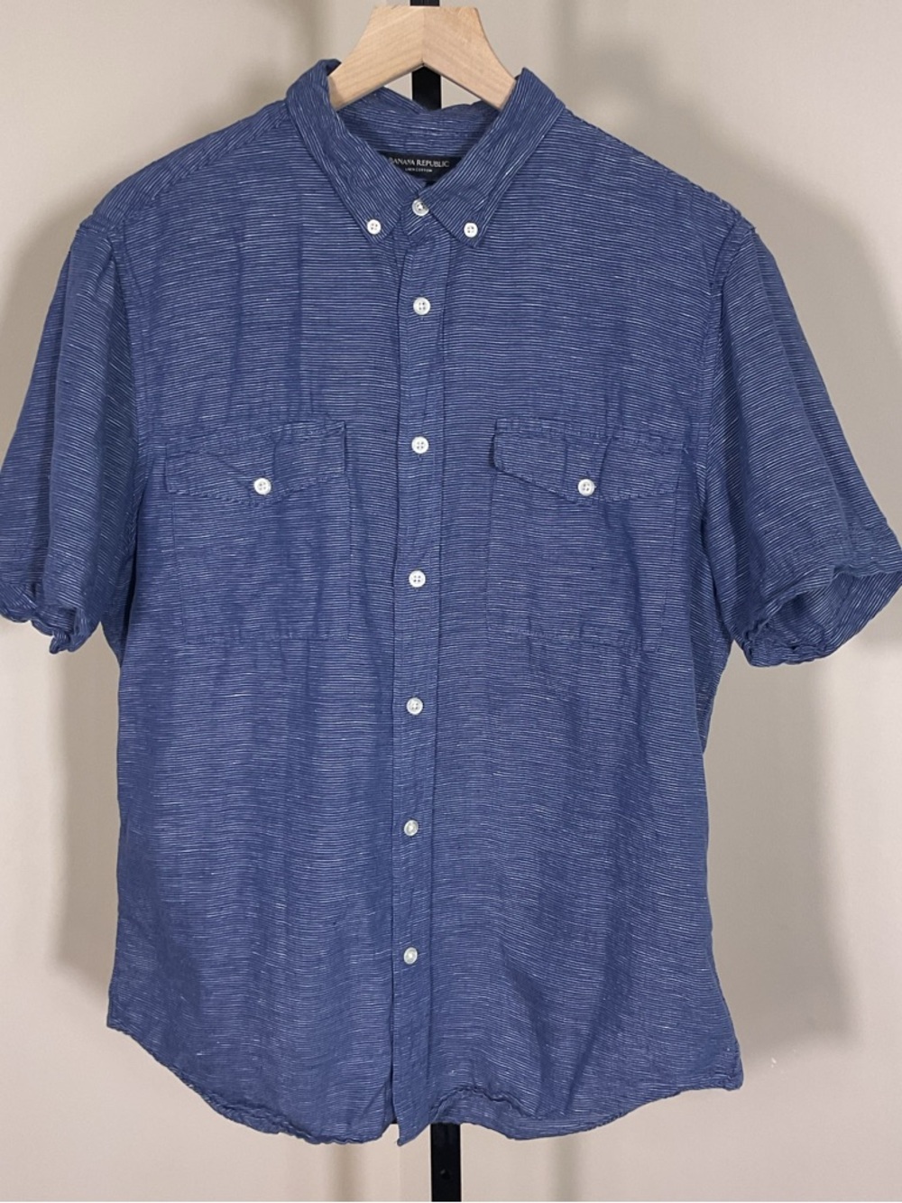 Banana Republic Linen Cotton Shirt Men’s Large Blue Stripe Slim Fit Short Sleeve